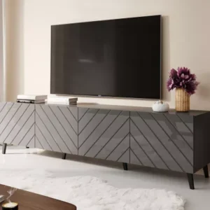 BERMEJO graphite TV cabinet with geometric milled fronts