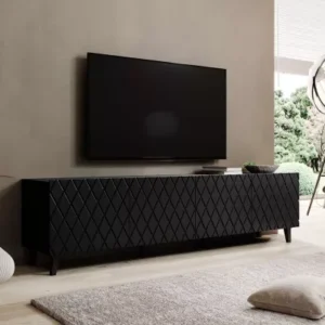 200cm black TV stand with diamond-pattern milled fronts