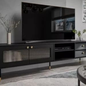 200cm black TV stand with fluted glass doors and drawers