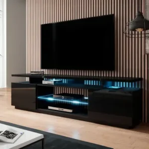 180cm black gloss TV stand with white LED lighting and storage