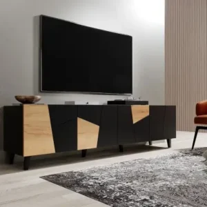 201cm black and oak TV stand with geometric door pattern