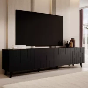 200cm matt black TV stand with symmetrical milled door fronts