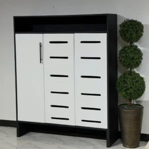 Black and white three-door shoe cabinet with ventilation slots