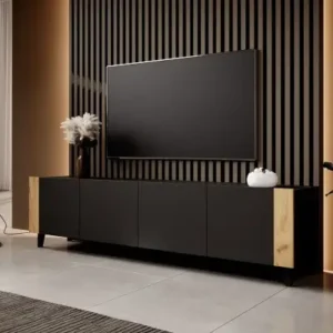 201cm black TV stand with contrasting wood-look side accents