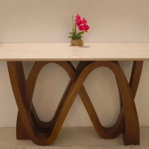 Brown curved console table with cream marble-look top in Kenya