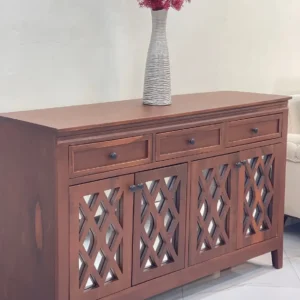 Brown mahogany sideboard buffet with three drawers and four cabinet doors