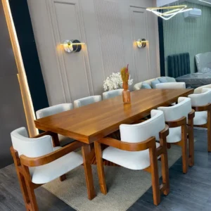 Brown rectangular dining set with white upholstered armchairs