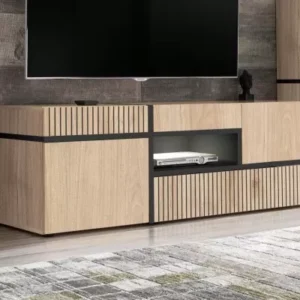 CELINE wood-look and black TV cabinet with open shelf