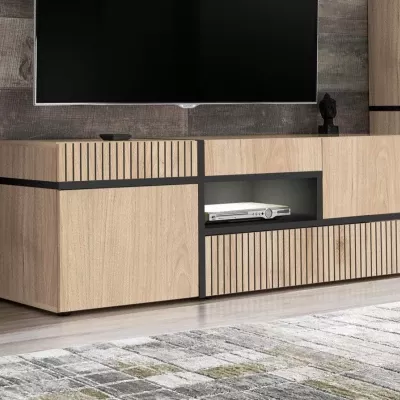 CELINE wood-look and black TV cabinet with open shelf