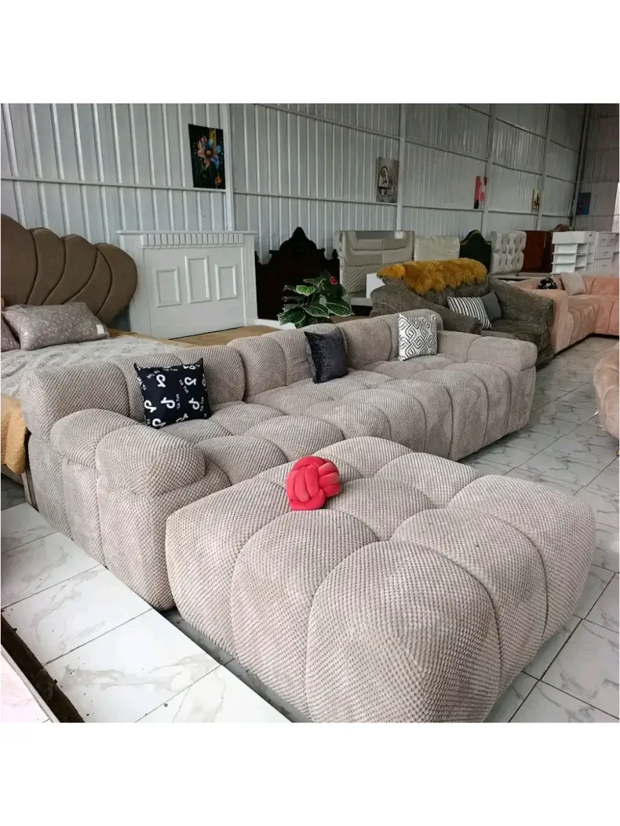 Light neutral bubble fabric L-shape sofa with segmented upholstery Kenya