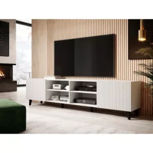 CRATO 201cm white TV cabinet with fluted fronts and open shelves
