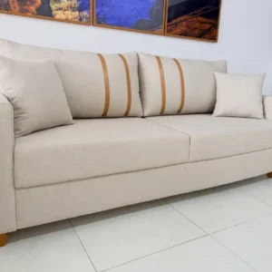 Cream 3+2 sofa set with tan-striped back cushions and wood-tone legs