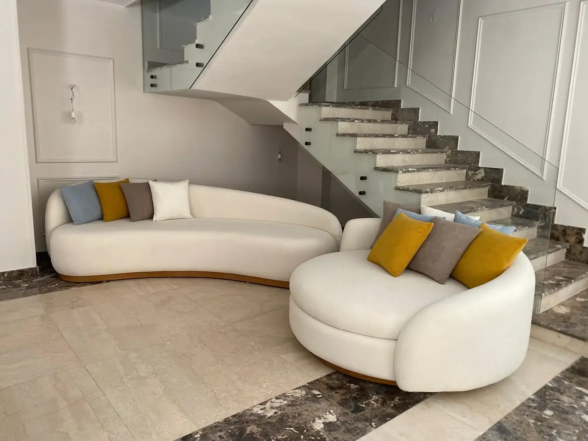 Cream Asymmetrical Curved Wood-Accent Sofa Kenya - Image 2