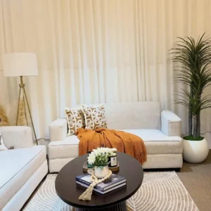 Cream 3+2 sofa set with straight arms and bench-style seat cushions