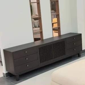 Dark-brown TV stand with six drawers and vertical slatted centre