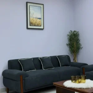 Dark charcoal sofa with rounded arms and wood-toned front supports