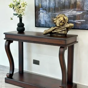 Dark wooden console table with curved legs and lower shelf in Kenya
