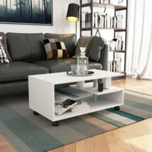EMERION white rectangular coffee table on wheels with open storage
