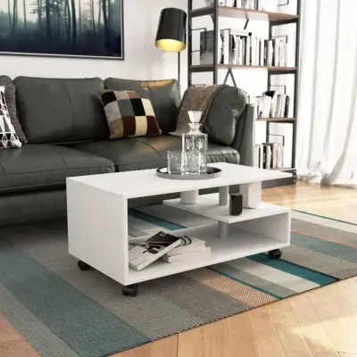 EMERION white rectangular coffee table on wheels with open storage