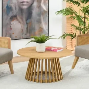 Esli round oak-look coffee table with slatted pedestal base