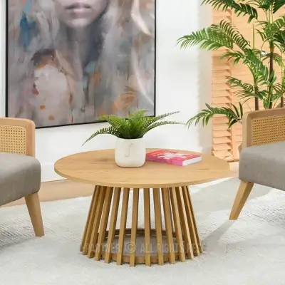 Esli round oak-look coffee table with slatted pedestal base