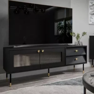 Black FORNEY TV unit with fluted glass doors and two drawers