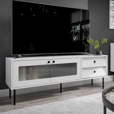 White FORNEY TV unit with fluted glass door and two drawers