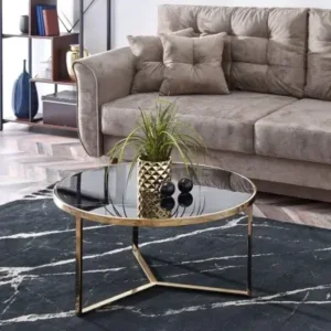 Geomar round black marble-look glass coffee table with gold metal base