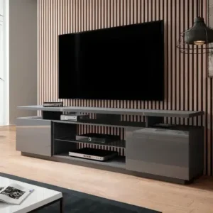 180cm graphite gloss TV stand with open shelves and storage
