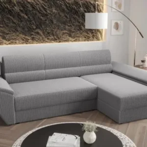 Grey ribbed sleeper sectional sofa with chaise and storage
