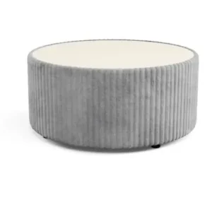 Grey upholstered round coffee table with sand-coloured top