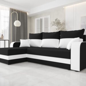 HORTENZIE black and white corner sofa with chaise and cushions