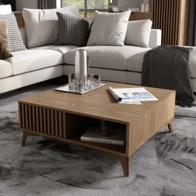 ISADORA square Artisan oak-look coffee table with drawer and shelf
