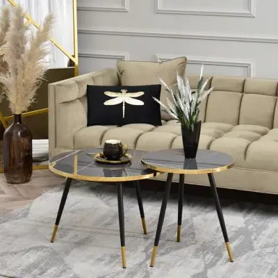 Jorman grey marble-look round nesting tables with black and gold legs