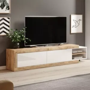 KASPAR extendable white and brown TV cabinet with open shelves