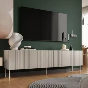 KERENS 201cm ribbed beige TV cabinet with metal legs