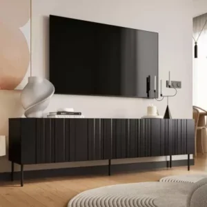 KERENS 201cm matte black TV cabinet with ribbed fronts