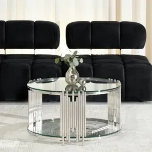 Chrome and clear glass round coffee table with lower shelf