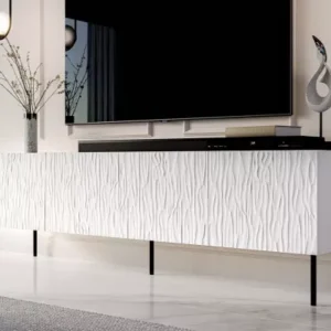 White LIMON fluted TV unit with black metal legs