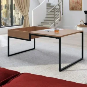 Louriz brown coffee table with recessed shelf and black metal frame
