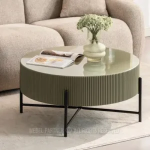 MAGNER green round fluted coffee table with black metal base