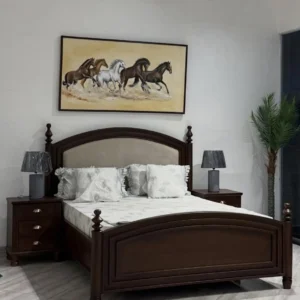 Mahogany 5×6 bed with arched upholstered headboard and curved footboard