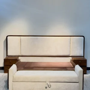 Mahogany 6×6 upholstered bed with geometric padded-panel headboard