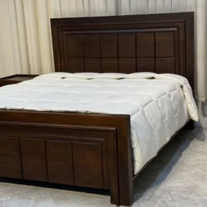 Mahogany 5×6 wooden bed with grid-panel headboard and footboard