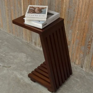 Mahogany slatted pedestal side table with square top in Kenya