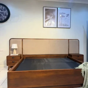 Mahogany 5×6 wooden bed with wide upholstered panel headboard
