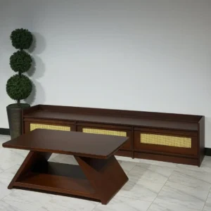 Mahogany TV cabinet and geometric coffee table set with woven-style panels in Kenya