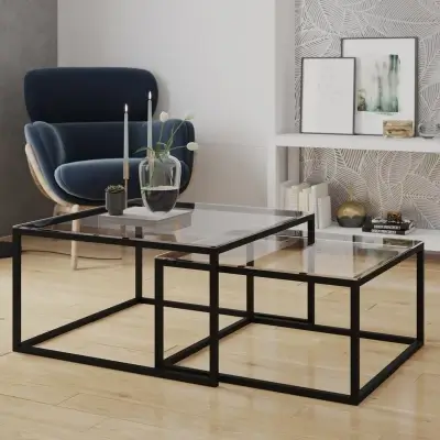 MALRIK two-piece square glass coffee tables with black metal frames