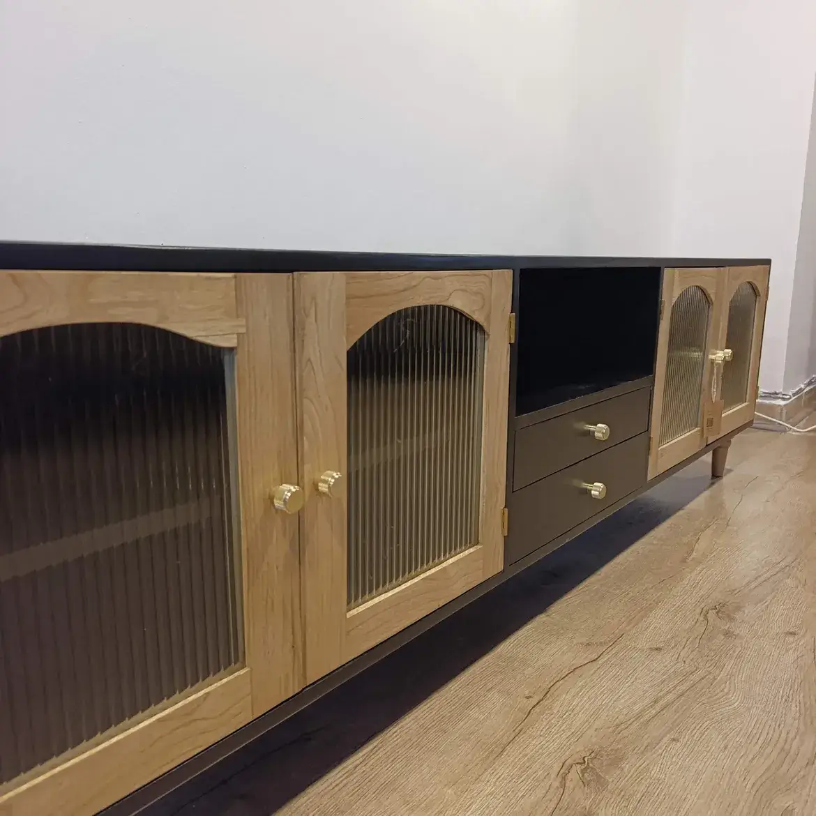 Meru Oak & Black Fluted Glass TV Stand Kenya - Image 2