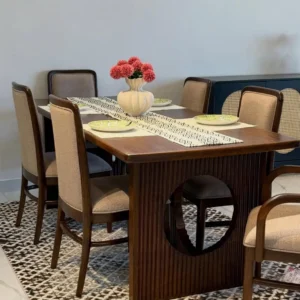 Meru Oak 6 seater dining set with fluted base and upholstered chairs